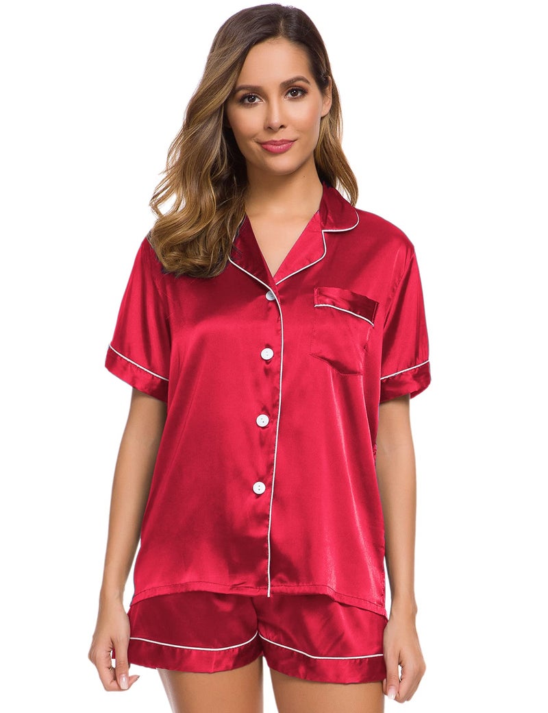 SWOMOG Pajamas Set Short Sleeve Sleepwear Womens Button Down Nightwear Soft Pj Lounge Red - Image 2